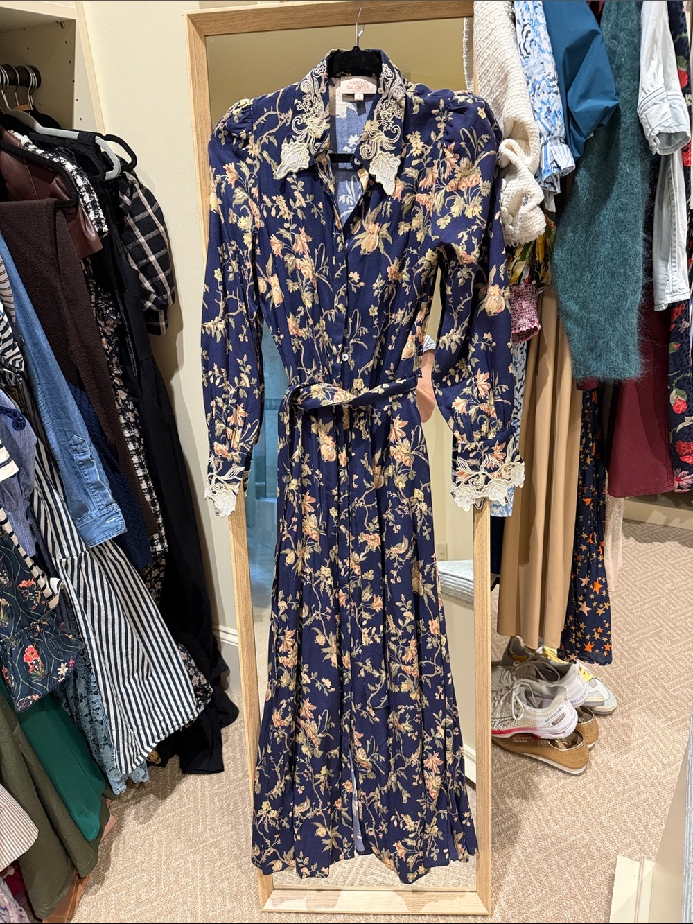 Mason’s Daughter Navy Floral Maxi Dress with Lace Trim and Belt